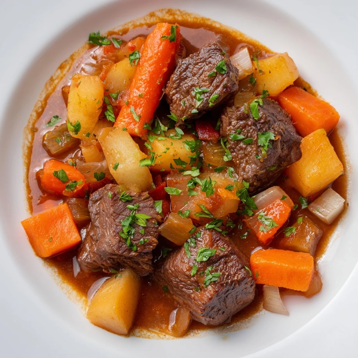 Tender chunks of beef and colorful root vegetables simmer in a rich, savory broth, served steaming in a rustic bowl.