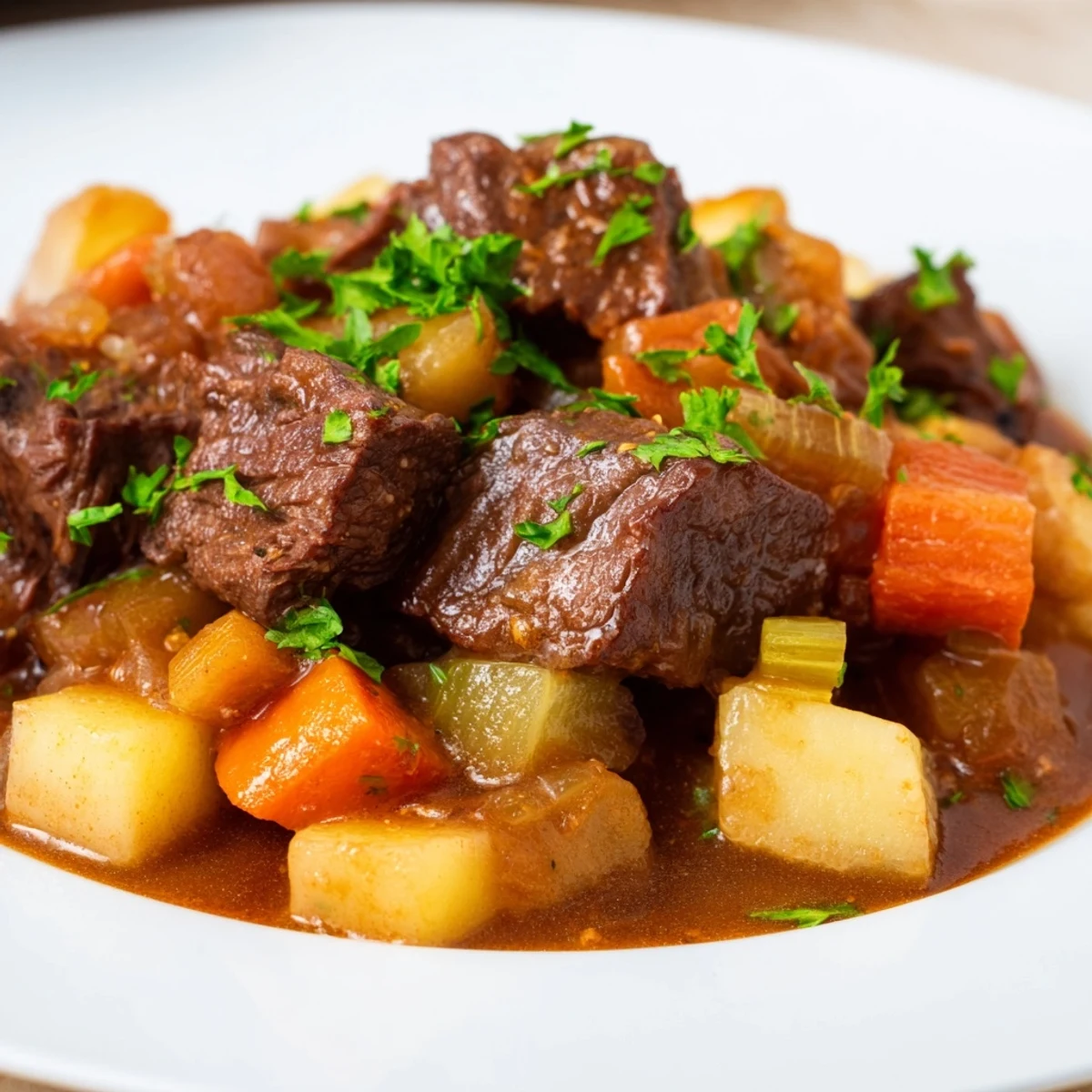 A hearty serving of Beef Stew with Root Vegetables features carrots, potatoes, and parsnips in a thick, flavorful gravy.