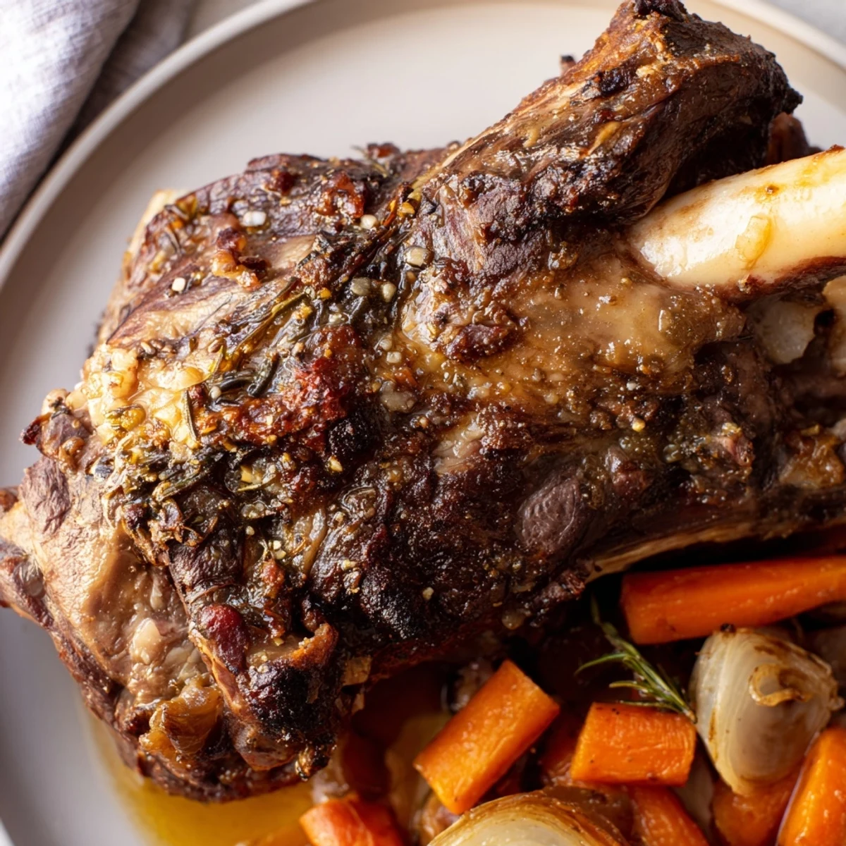 Golden-brown roasted lamb shoulder with herbs glistens with pan juices, served with roasted vegetables on a platter.