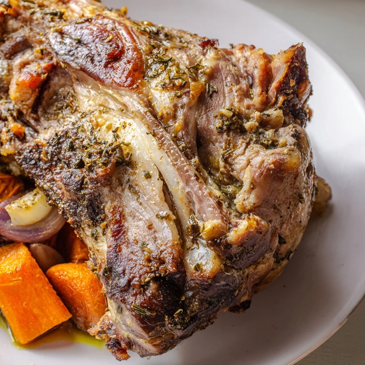 A close-up of tender roasted lamb shoulder with herbs, revealing juicy meat and crispy herb crust.