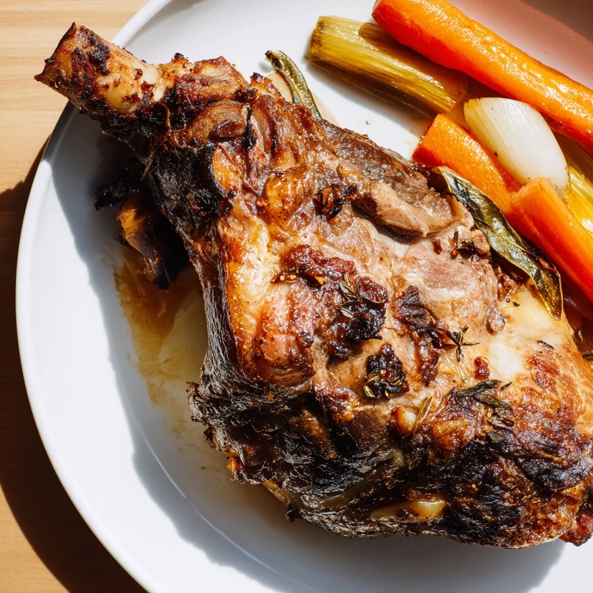 Herb-crusted roasted lamb shoulder resting on a bed of onions, carrots, and celery, ready to serve.
