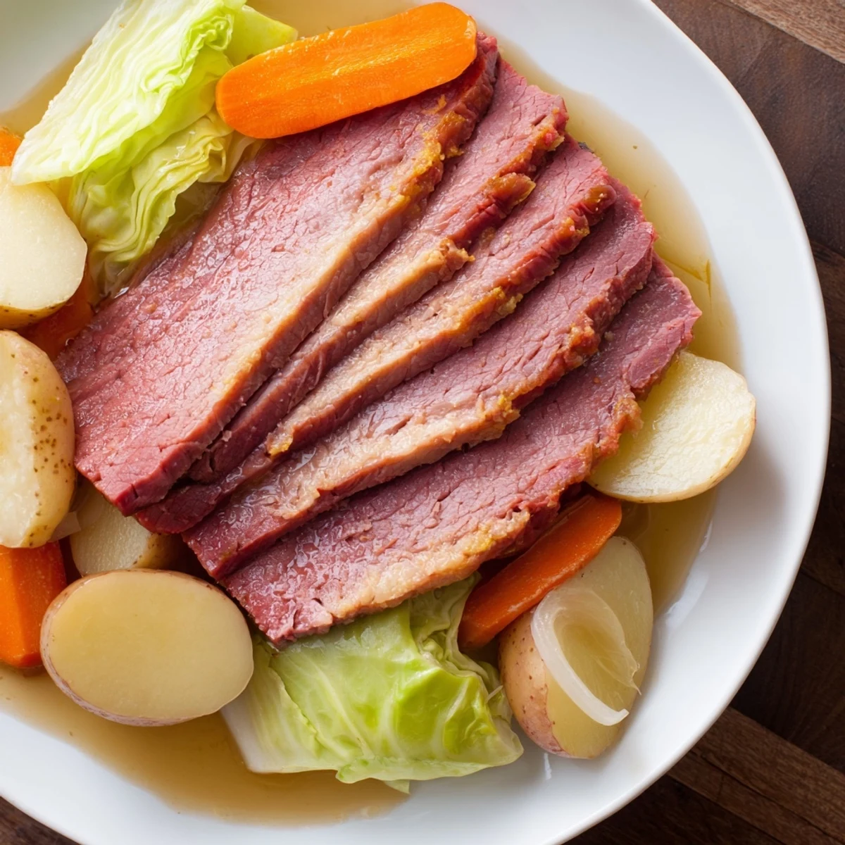 Fork-tender corned beef pot roast served with hearty vegetables, perfect for a comforting St. Patrick's Day dinner.