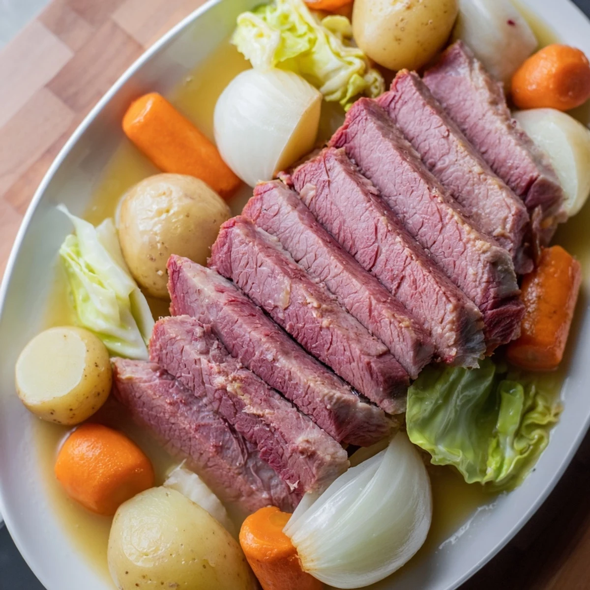 A rustic Dutch oven filled with golden corned beef pot roast, garlic, and vibrant green cabbage wedges.