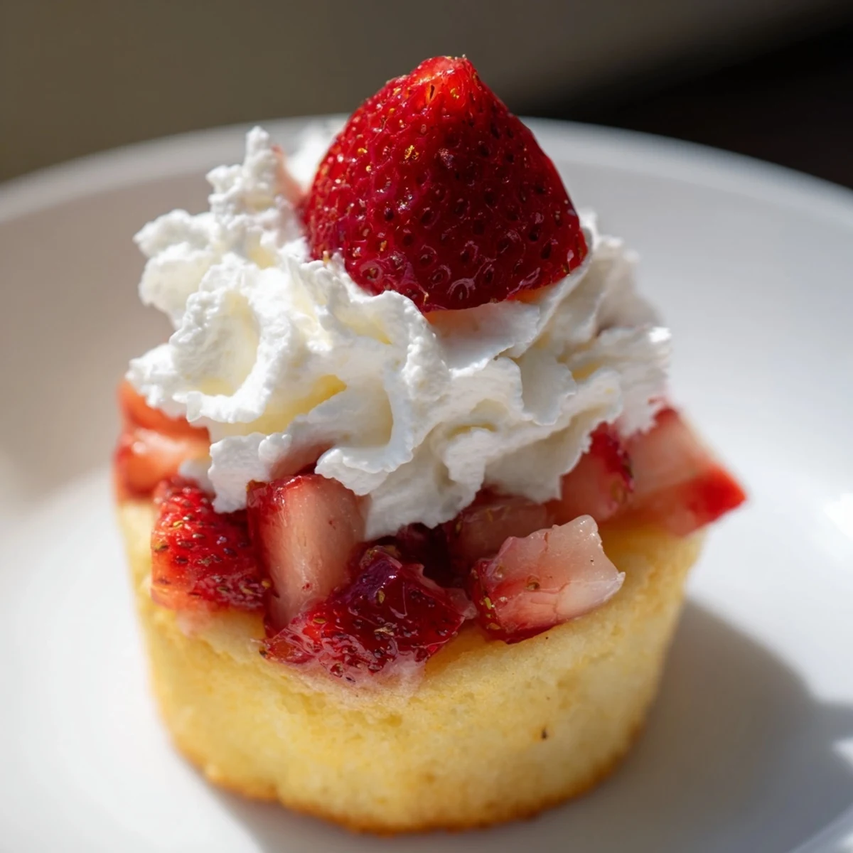 Moist vanilla Strawberry Shortcake Cupcakes are filled with fresh strawberries and topped with fluffy whipped cream, perfect for a handheld dessert.