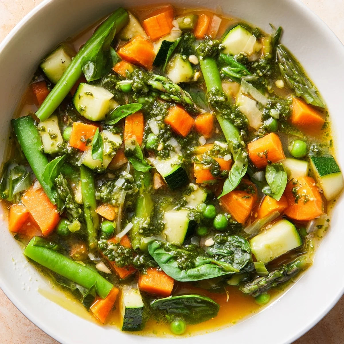 Bright spring vegetable soup with fresh peas and carrots, topped with vibrant green swirls of homemade pesto for an Italian-inspired meal.