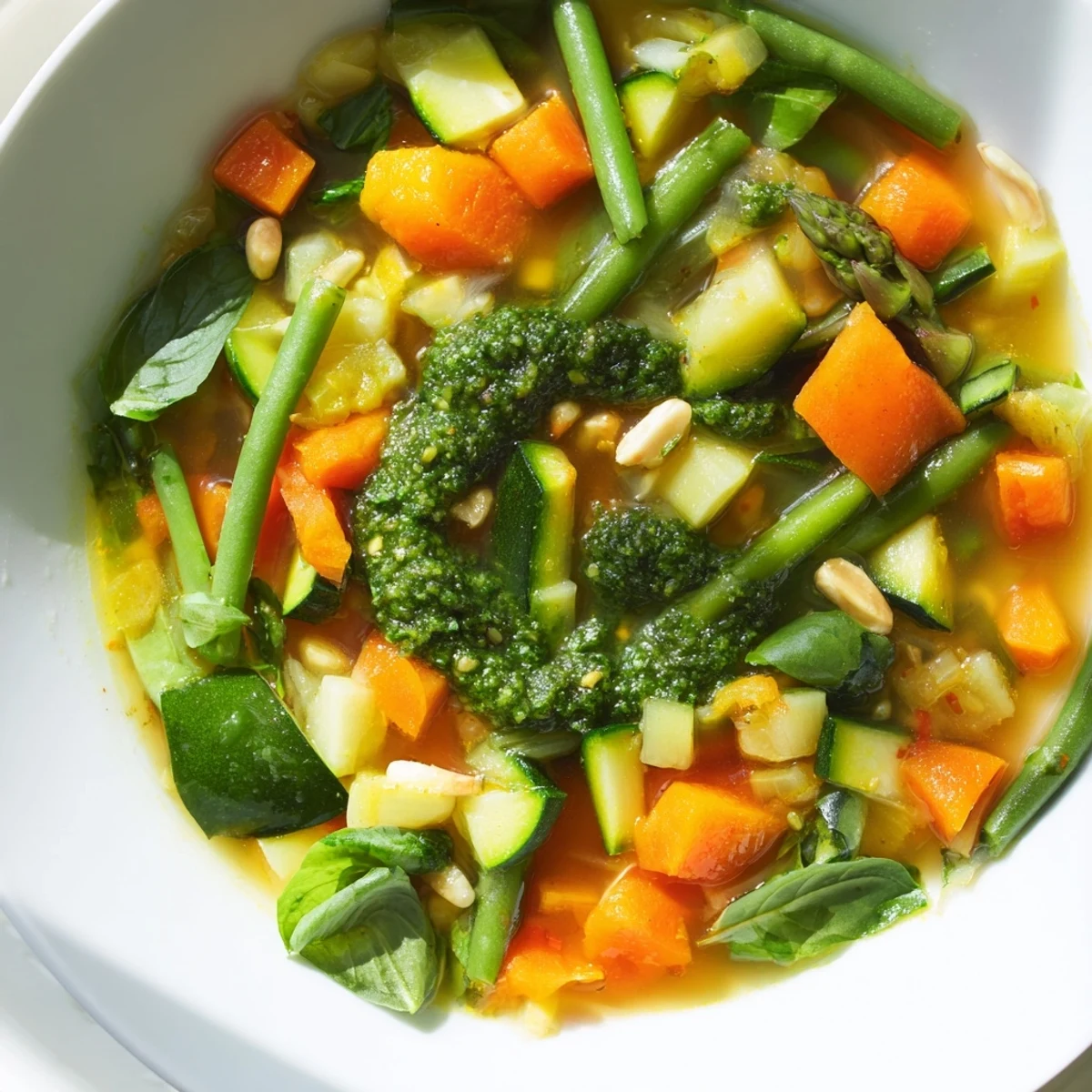 Hearty bowl of Spring Vegetable Soup with Pesto, featuring tender asparagus and zucchini in aromatic broth, ready to serve with crusty bread.