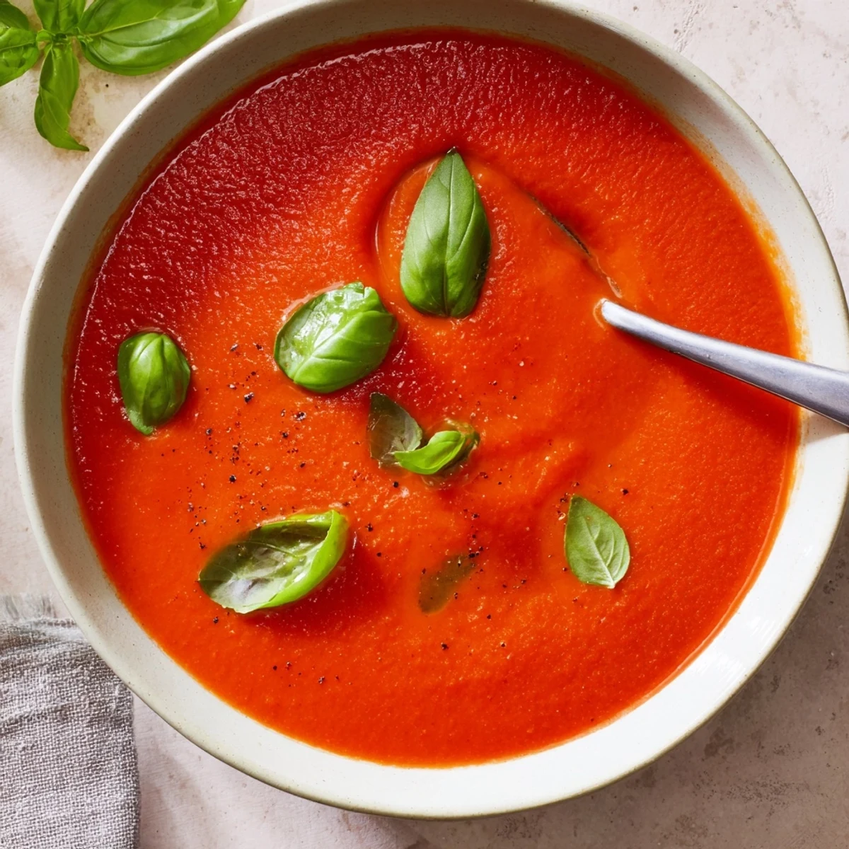 Smooth, vibrant red Creamy Tomato Soup with Basil poured from a pot into a white ceramic bowl, highlighting its velvety texture.  