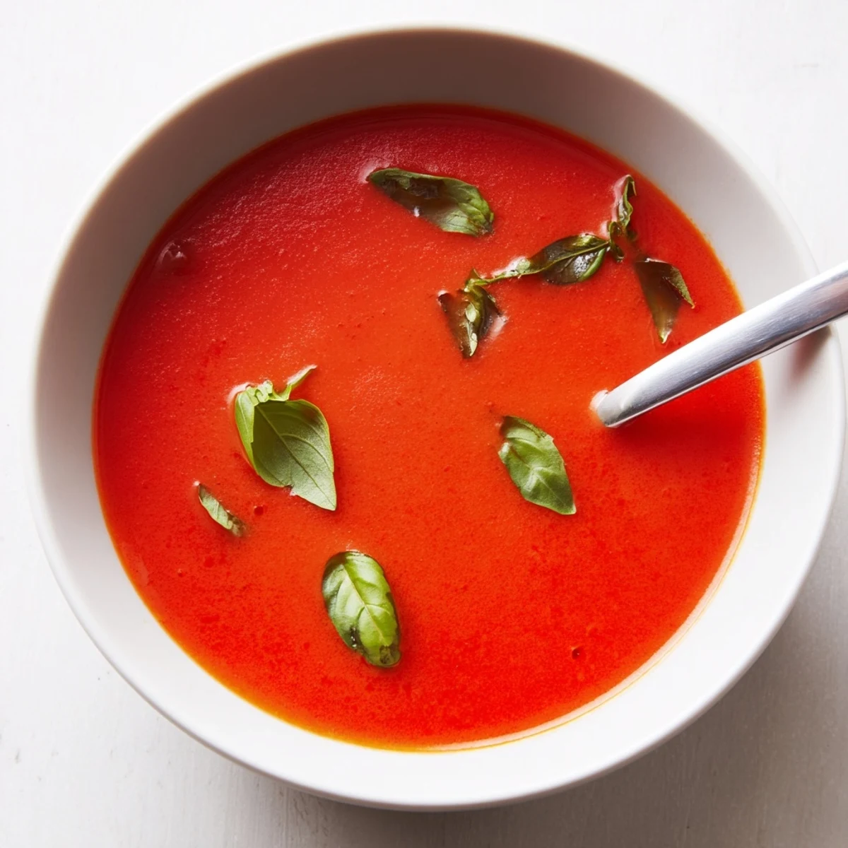 A steaming bowl of Creamy Tomato Soup with Basil, garnished with fresh basil leaves, served alongside a grilled cheese sandwich for dipping.  