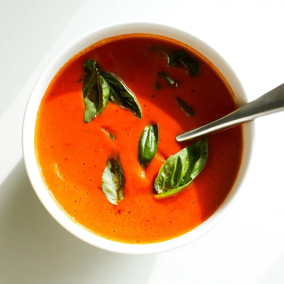 A comforting close-up of Creamy Tomato Soup with Basil, swirling with cream, ready to enjoy with crusty bread for dipping.