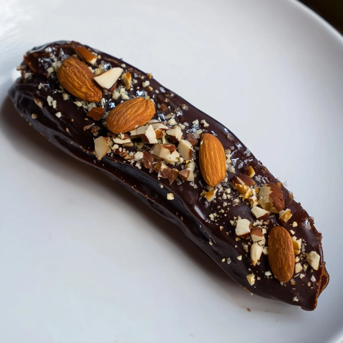 A close-up view of Chocolate Covered Dates Stuffed with Almond Butter sprinkled with sea salt and chopped almonds.