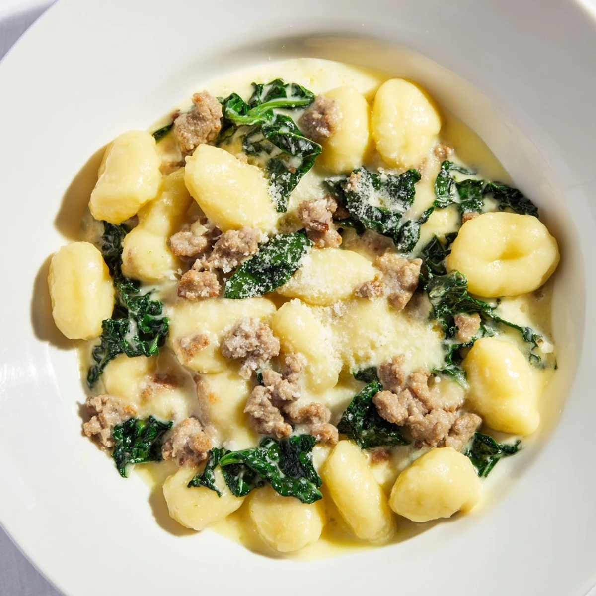 Creamy Gnocchi with Sausage and Kale is served steaming in a rustic skillet, garnished with fresh herbs.