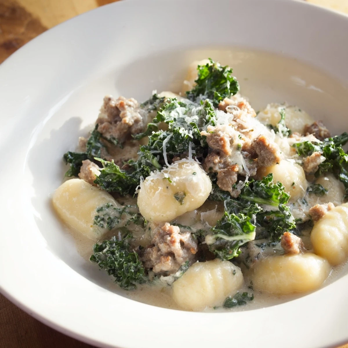 This hearty Creamy Gnocchi with Sausage and Kale features wilted greens and savory sausage in a rich sauce.