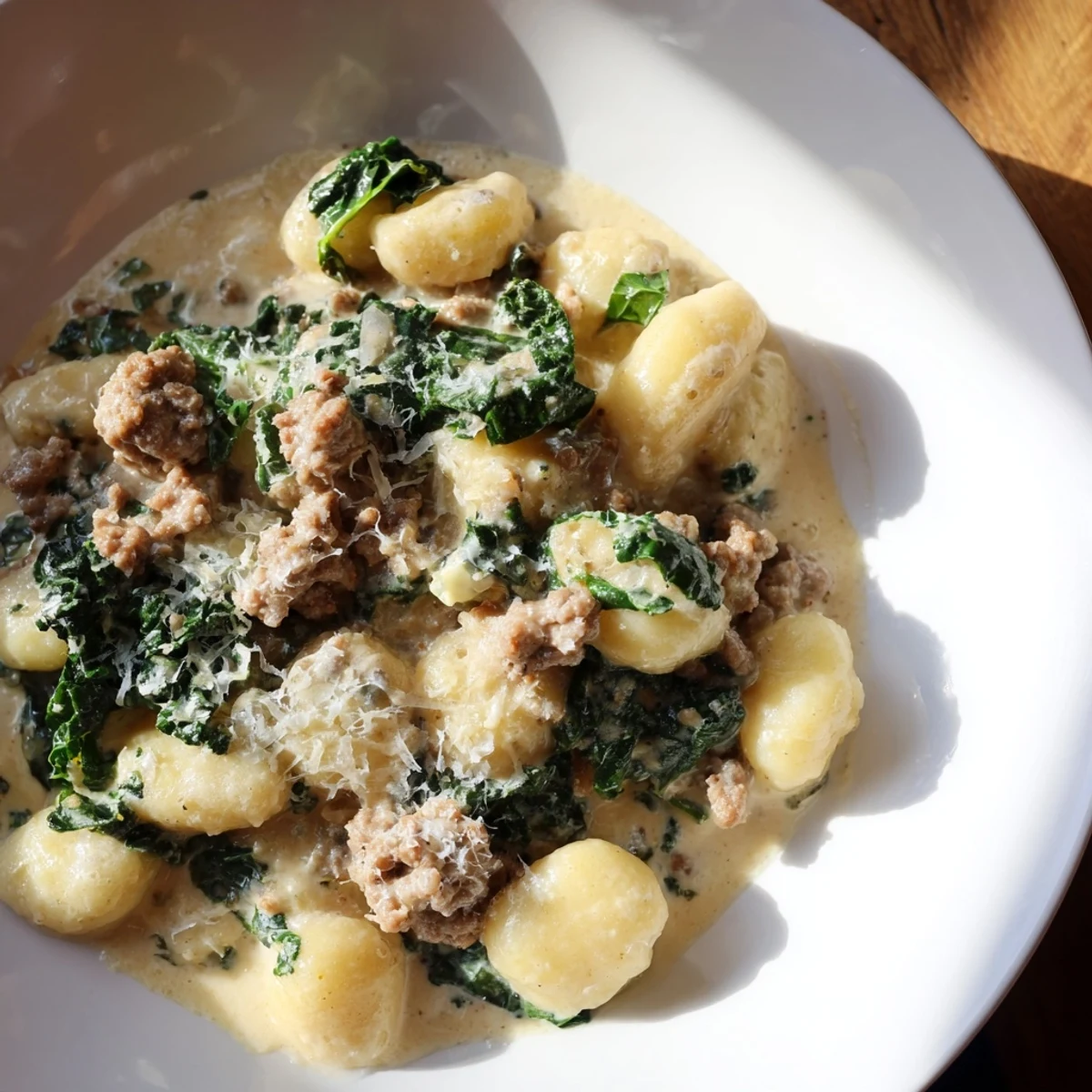 A close-up view of Creamy Gnocchi with Sausage and Kale highlights the tender gnocchi and vibrant kale.