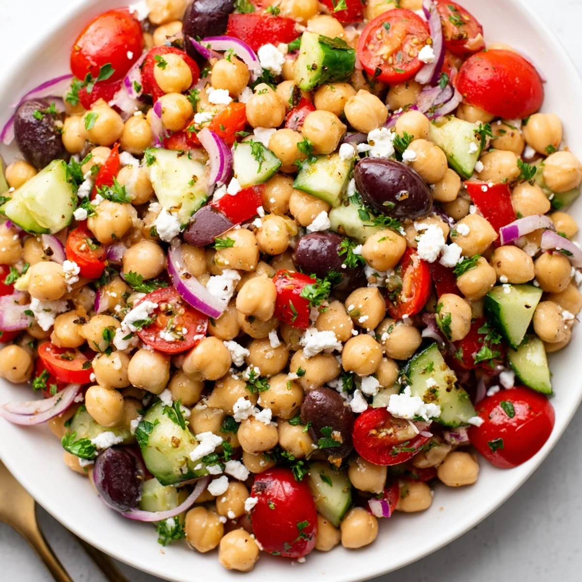 Close-up of Mediterranean Chickpea Salad with Feta, highlighting briny Kalamata olives and fresh parsley, served as a light lunch for summer gatherings.