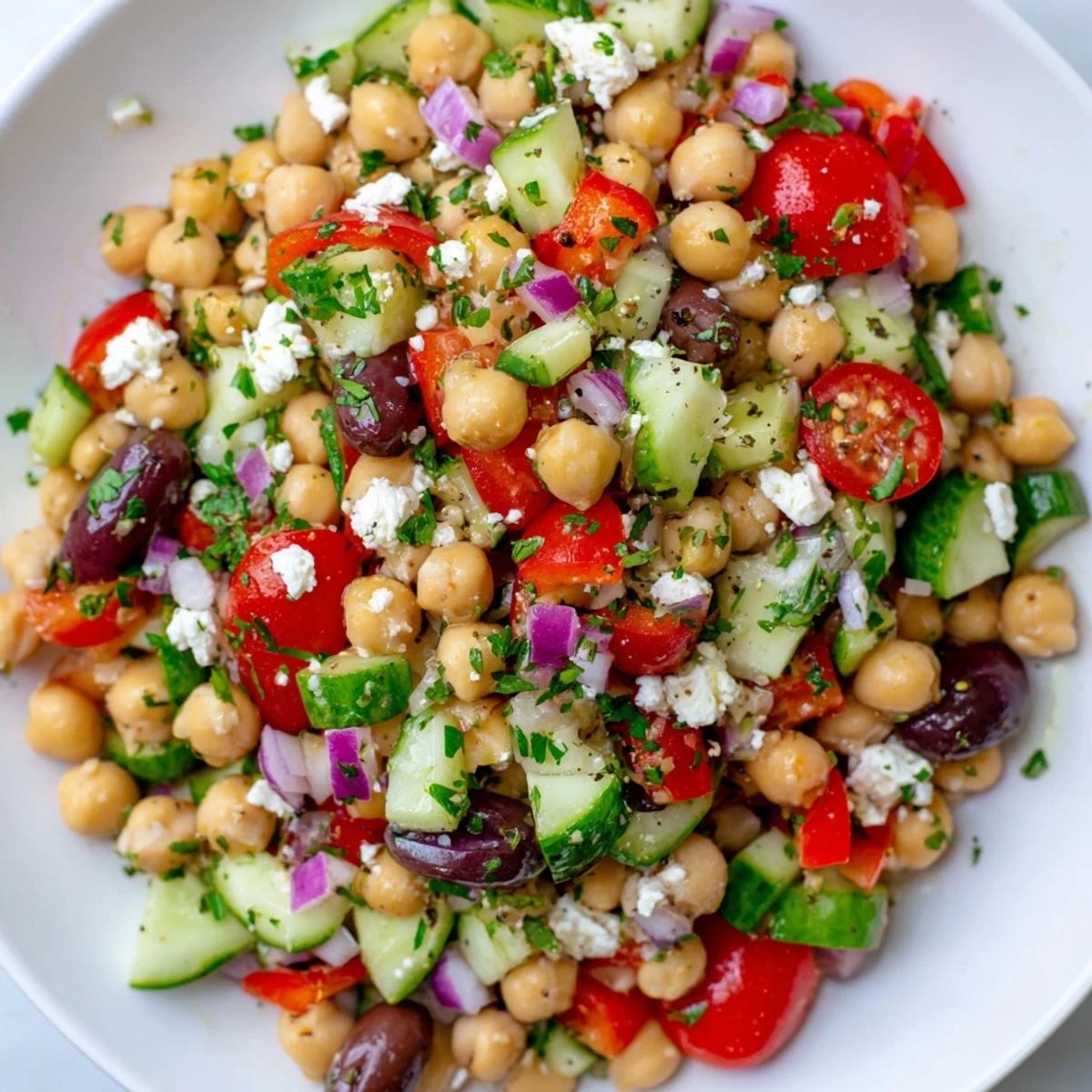 A refreshing bowl of Mediterranean Chickpea Salad with Feta, featuring diced red onion and red bell pepper, ideal for a healthy vegetarian side dish.