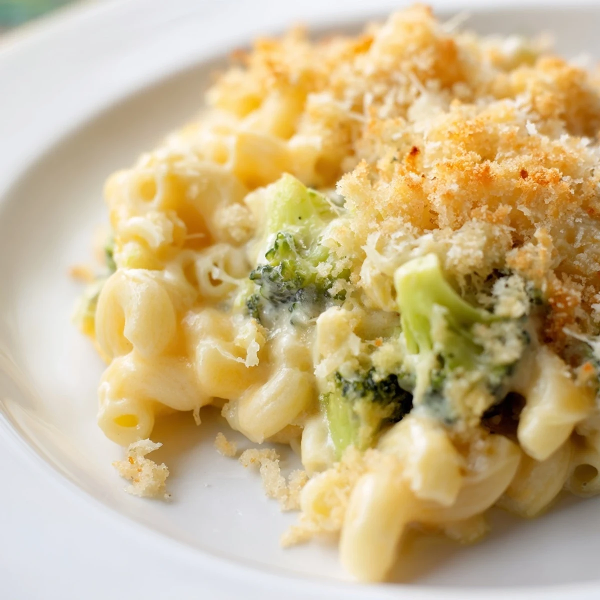 Creamy Baked Macaroni and Cheese with Broccoli sits in a baking dish, golden breadcrumb crust bubbling, served hot for a comforting family dinner.