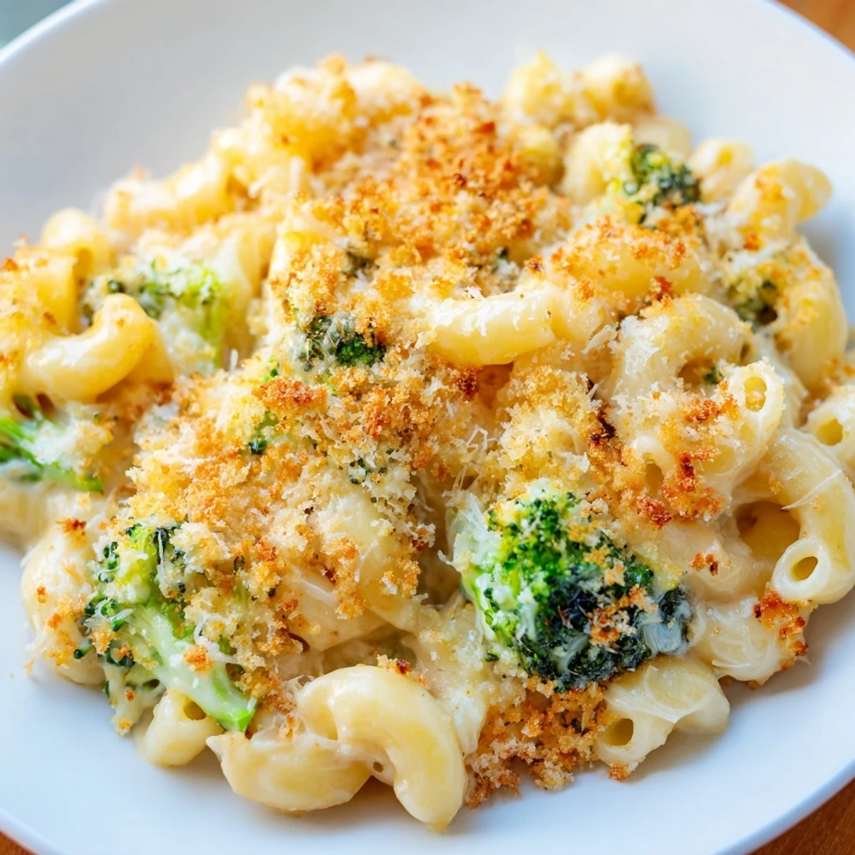 Tender broccoli florets and elbow macaroni are coated in cheddar sauce, finished with a crisp Parmesan topping on this homemade Baked Macaroni and Cheese with Broccoli.