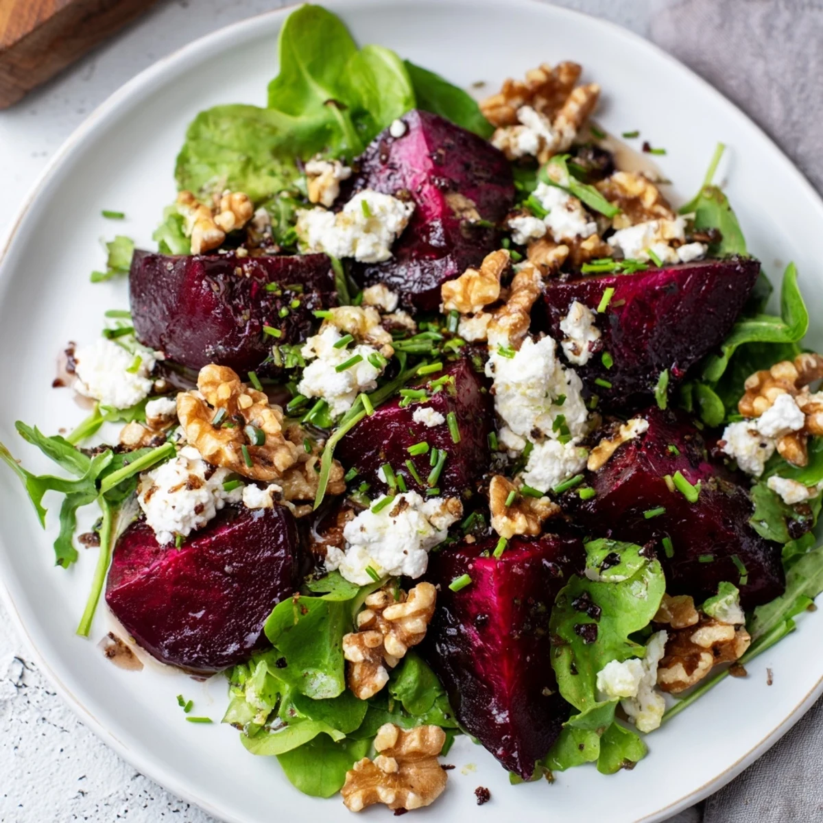 Freshly roasted beet wedges glisten beside creamy crumbled goat cheese and crunchy walnuts atop a bed of mixed greens in this Roasted Beet Salad.