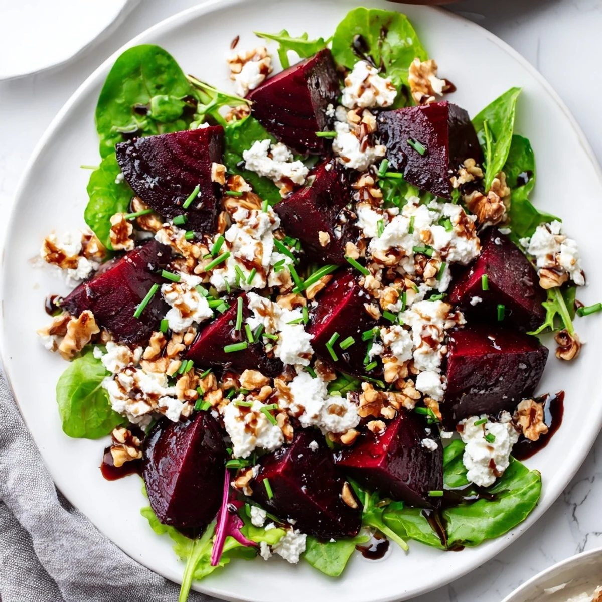 Colorful roasted beet salad with goat cheese is topped with toasted walnuts and fresh chives, arranged beautifully on a white serving plate.