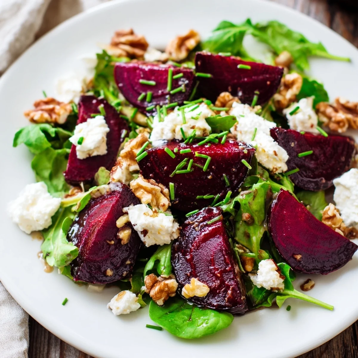 A rustic platter holds vibrant roasted beet salad with tangy vinaigrette, walnuts, and goat cheese for a perfect light vegetarian meal.