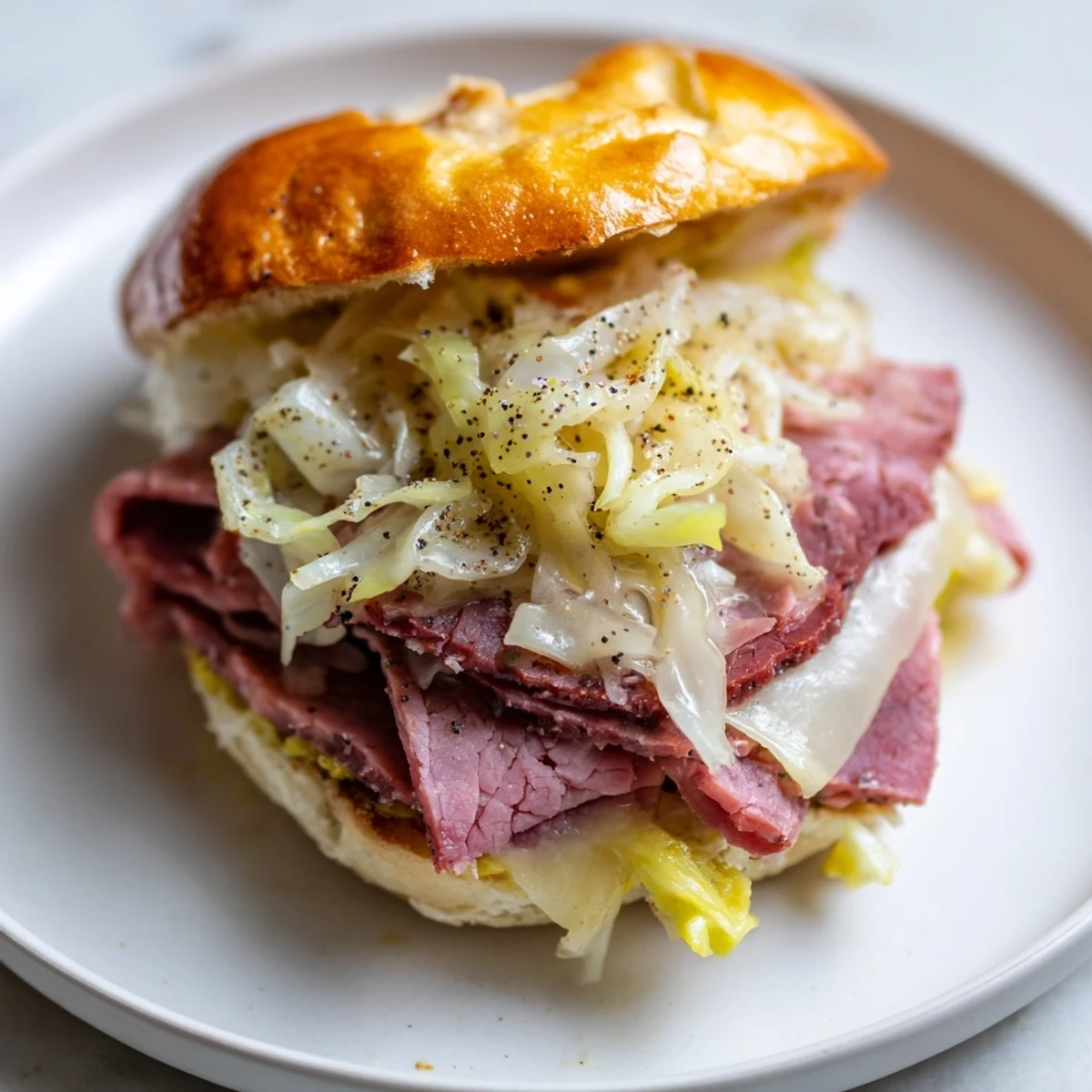 Golden-brown Corned Beef Sliders with Mustard on a wooden board, with melted cheese and poppy seeds glistening.  