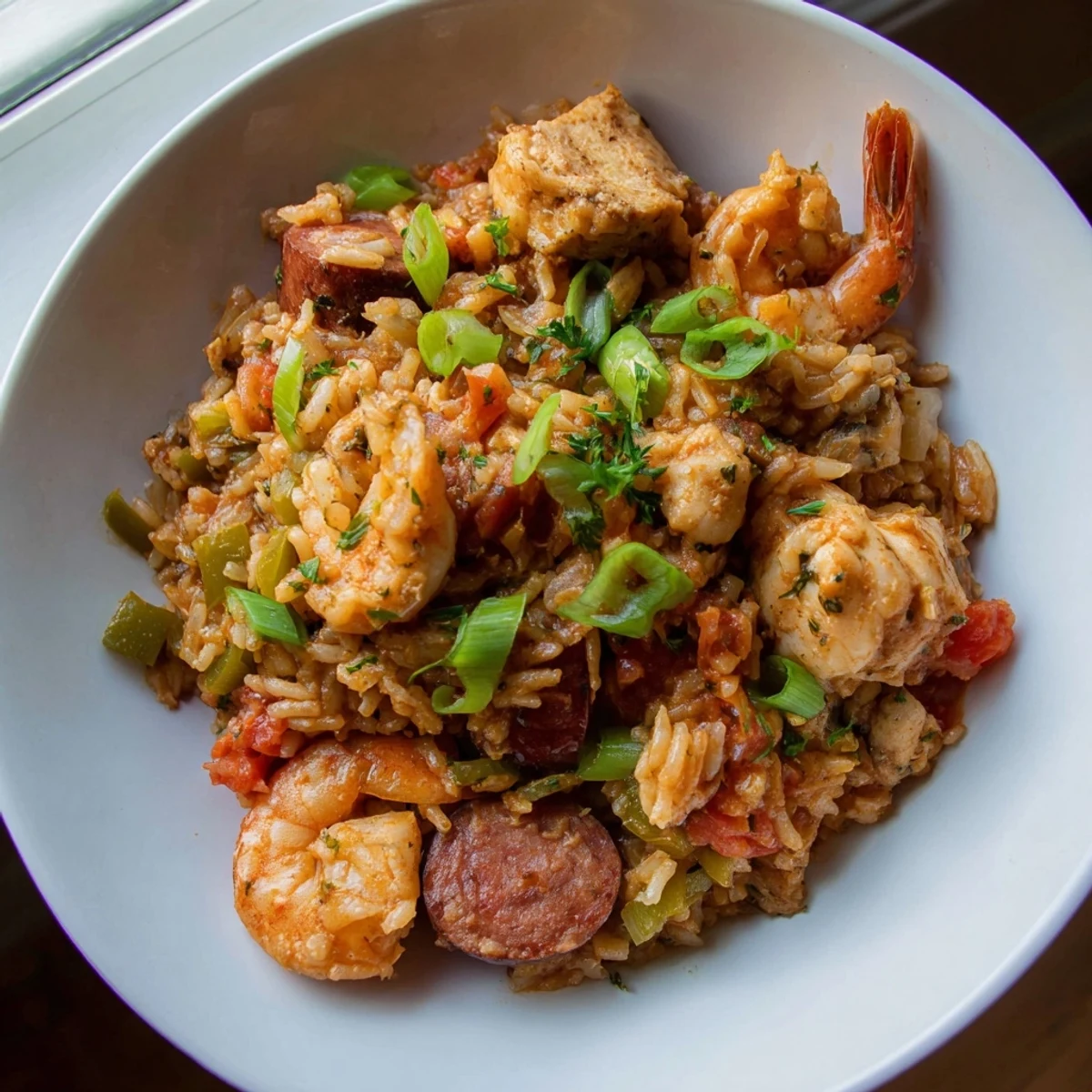 Golden-brown Mardi Gras Jambalaya with Chicken and Shrimp served hot in a rustic bowl.
