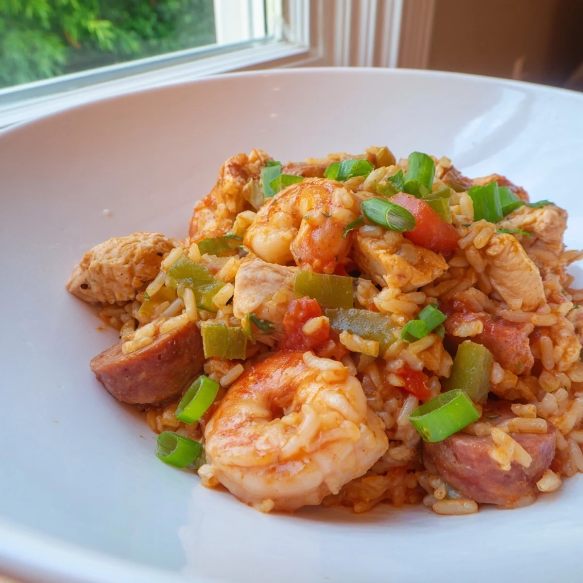 A steaming pot of Mardi Gras Jambalaya with Chicken and Shrimp, featuring colorful peppers and sausage.