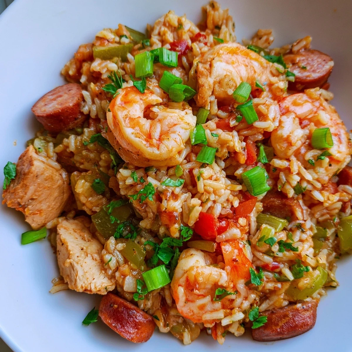 Overhead view of Mardi Gras Jambalaya with Chicken and Shrimp garnished with green onions and parsley.