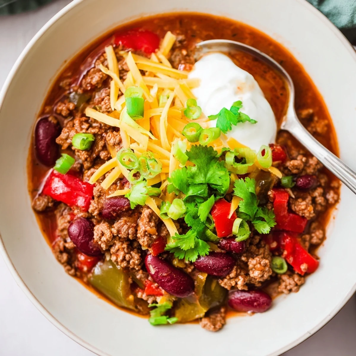 Spicy Beef Chili with Kidney Beans steaming in a rustic bowl, topped with cheddar and sour cream.