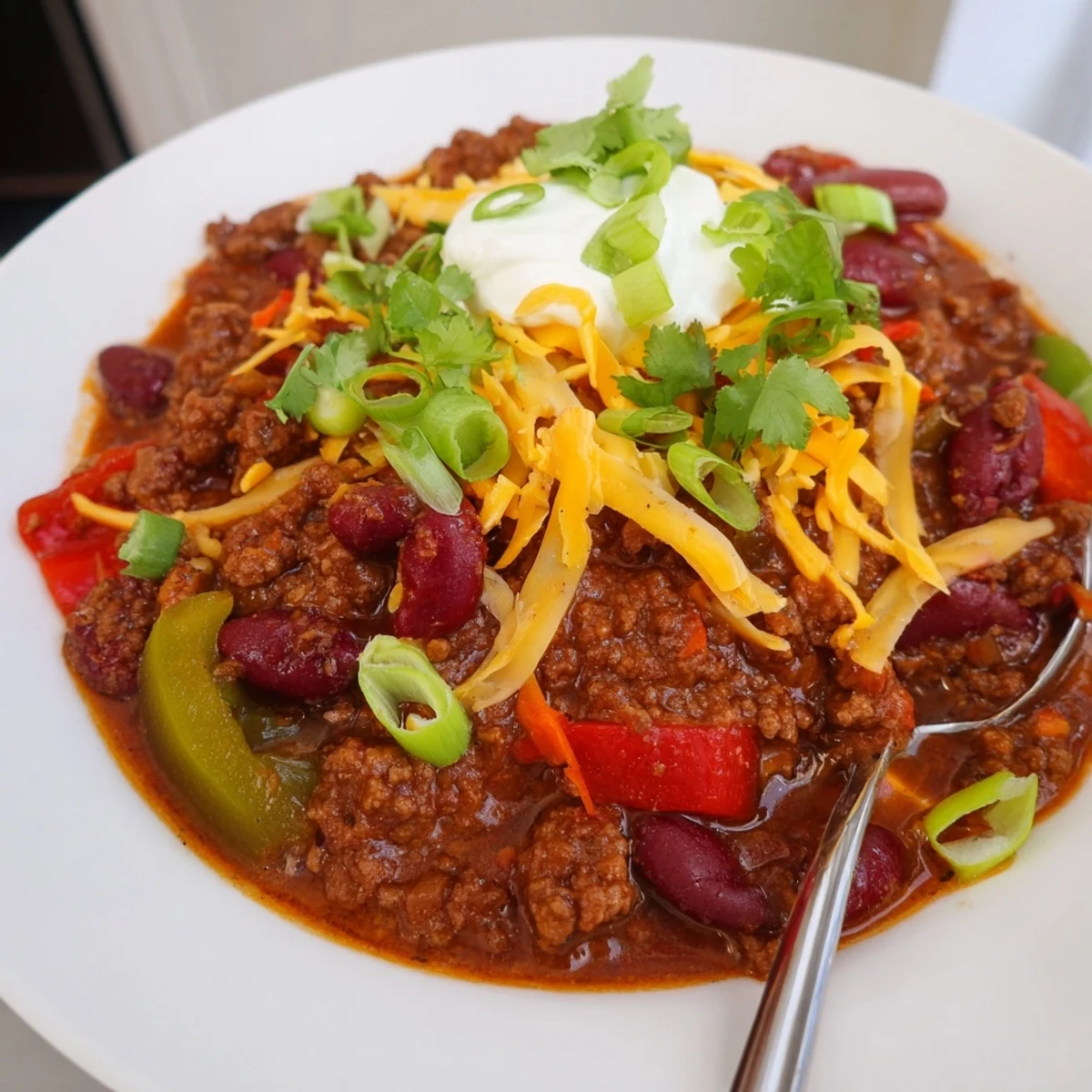 Hearty Spicy Beef Chili with Kidney Beans simmering in a pot, dotted with diced peppers and onions.