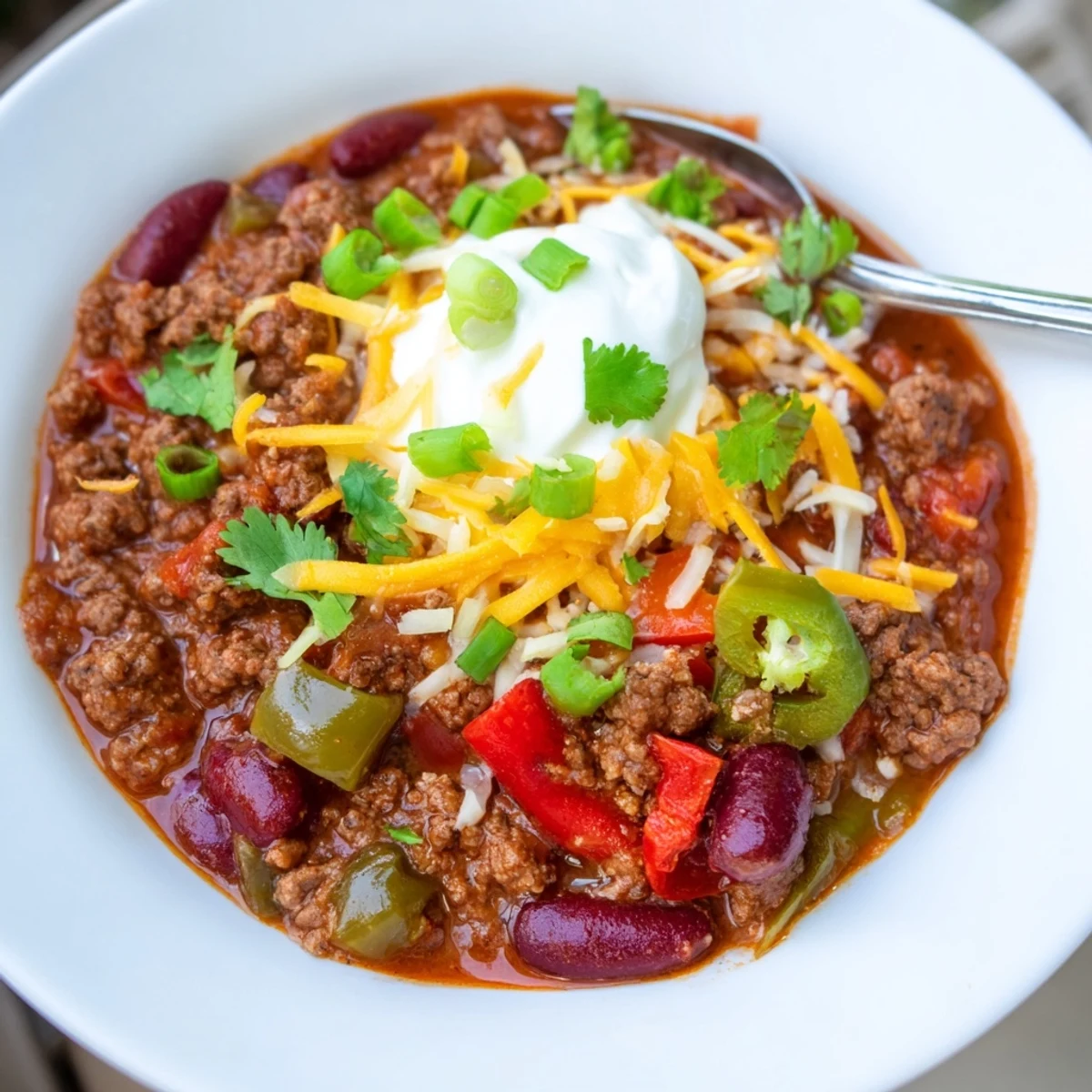 A warm bowl of Spicy Beef Chili with Kidney Beans garnished with cilantro, ready for a game day.