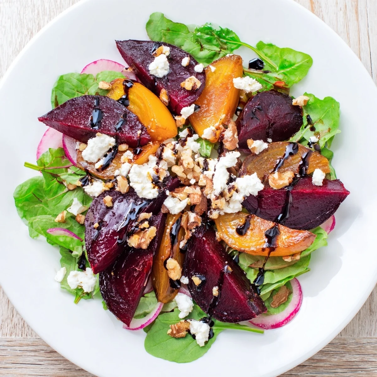 A close-up of Roasted Beet Salad with Goat Cheese Crumbles showcasing ruby-red beets and creamy white cheese on a bed of greens.