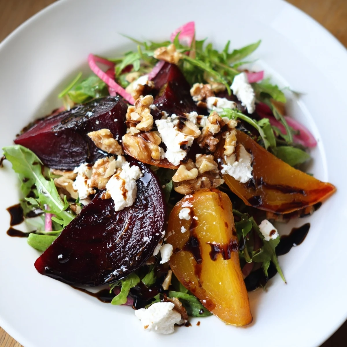 Plated Roasted Beet Salad with Goat Cheese Crumbles topped with toasted walnuts and a drizzle of balsamic vinaigrette for flavor.