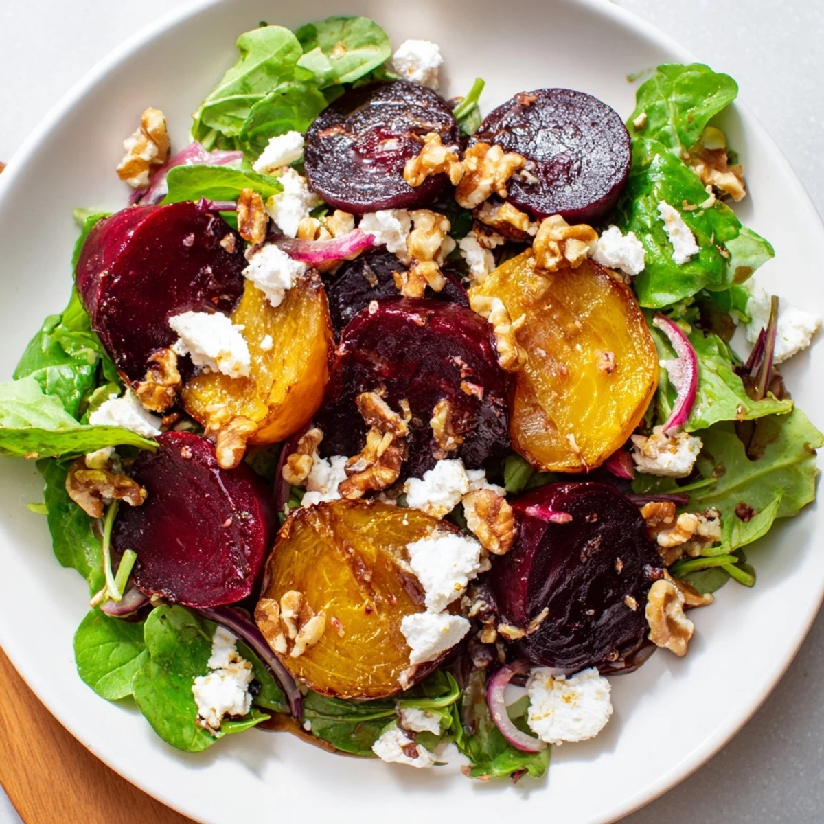 The Roasted Beet Salad with Goat Cheese Crumbles arranged on a rustic platter, ready to serve as a light vegetarian main course.