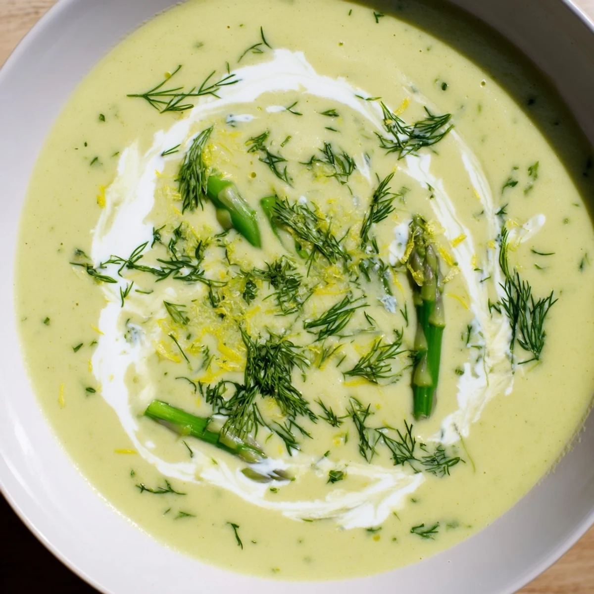 Creamy Asparagus Soup with Lemon and Dill in a white bowl, garnished with fresh dill fronds and lemon zest, ready to serve.