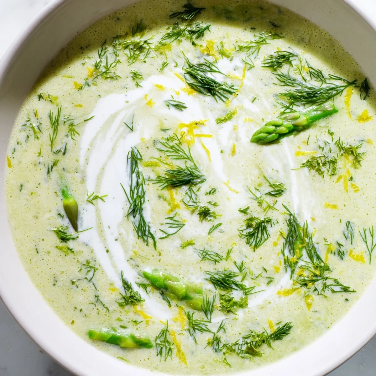 Creamy Asparagus Soup with Lemon and Dill topped with asparagus tips and a drizzle of cream, ideal for a spring lunch.