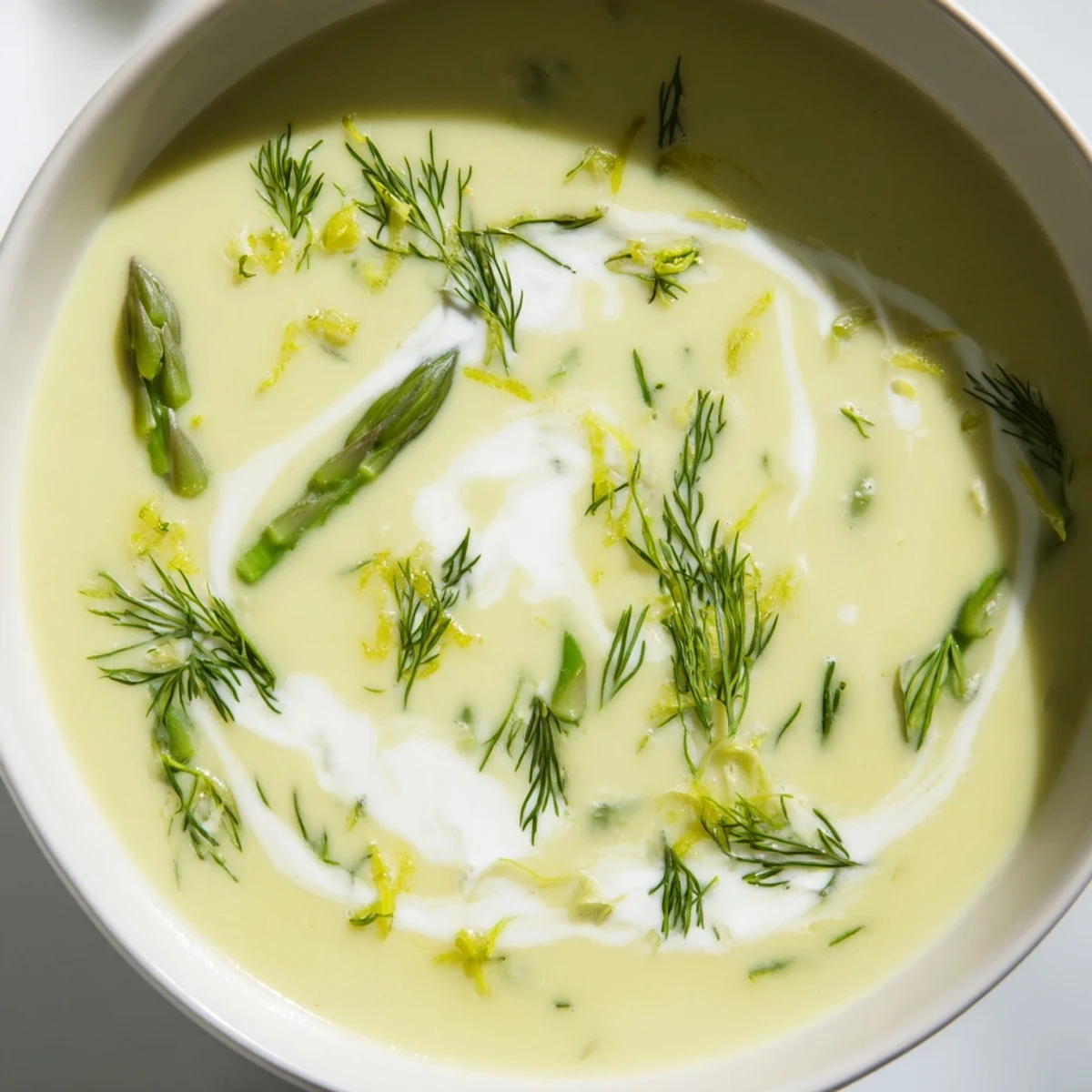 Creamy Asparagus Soup with Lemon and Dill shows velvety green texture in a rustic mug on a wooden table with bread.