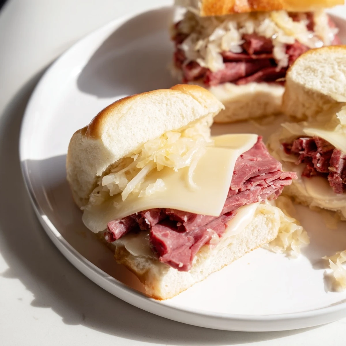 Golden-brown Corned Beef Sliders with Stone Ground Mustard on a platter, Swiss cheese melted over tender beef.