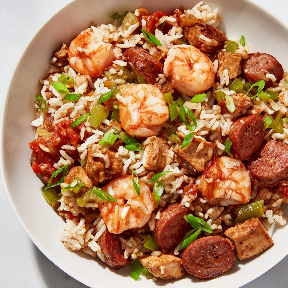 A close-up of Mardi Gras Jambalaya with Chicken and Shrimp in a cast iron skillet, garnished with fresh parsley.