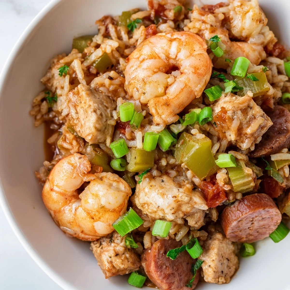 Hearty Mardi Gras Jambalaya with Chicken and Shrimp served in a bowl with crusty French bread for dipping.