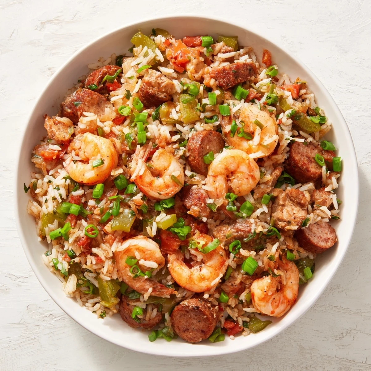 A steaming plate of Mardi Gras Jambalaya with Chicken and Shrimp, featuring pink shrimp and andouille sausage.