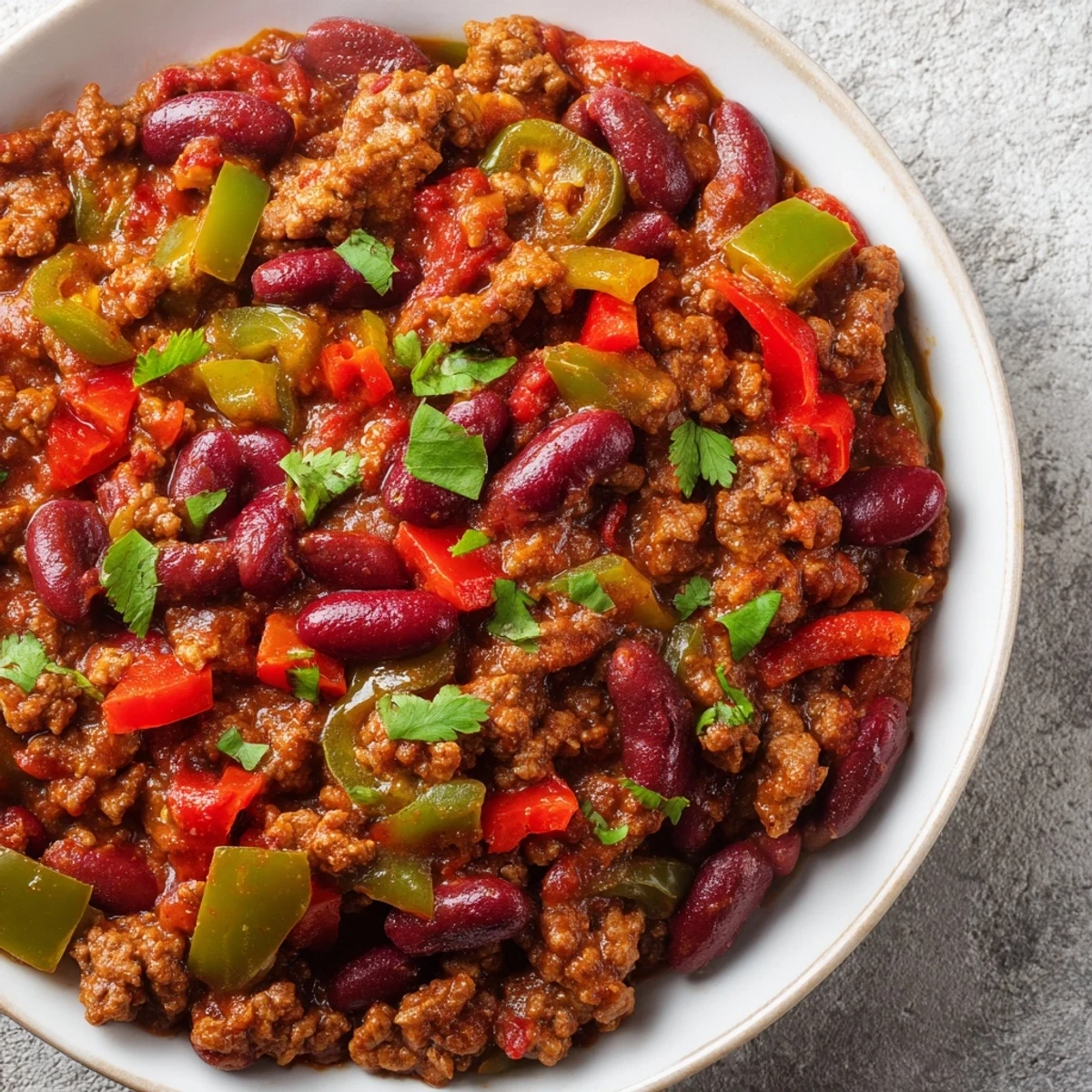 A steaming bowl of Spicy Beef Chili with Kidney Beans and Peppers topped with sour cream and cheddar cheese.