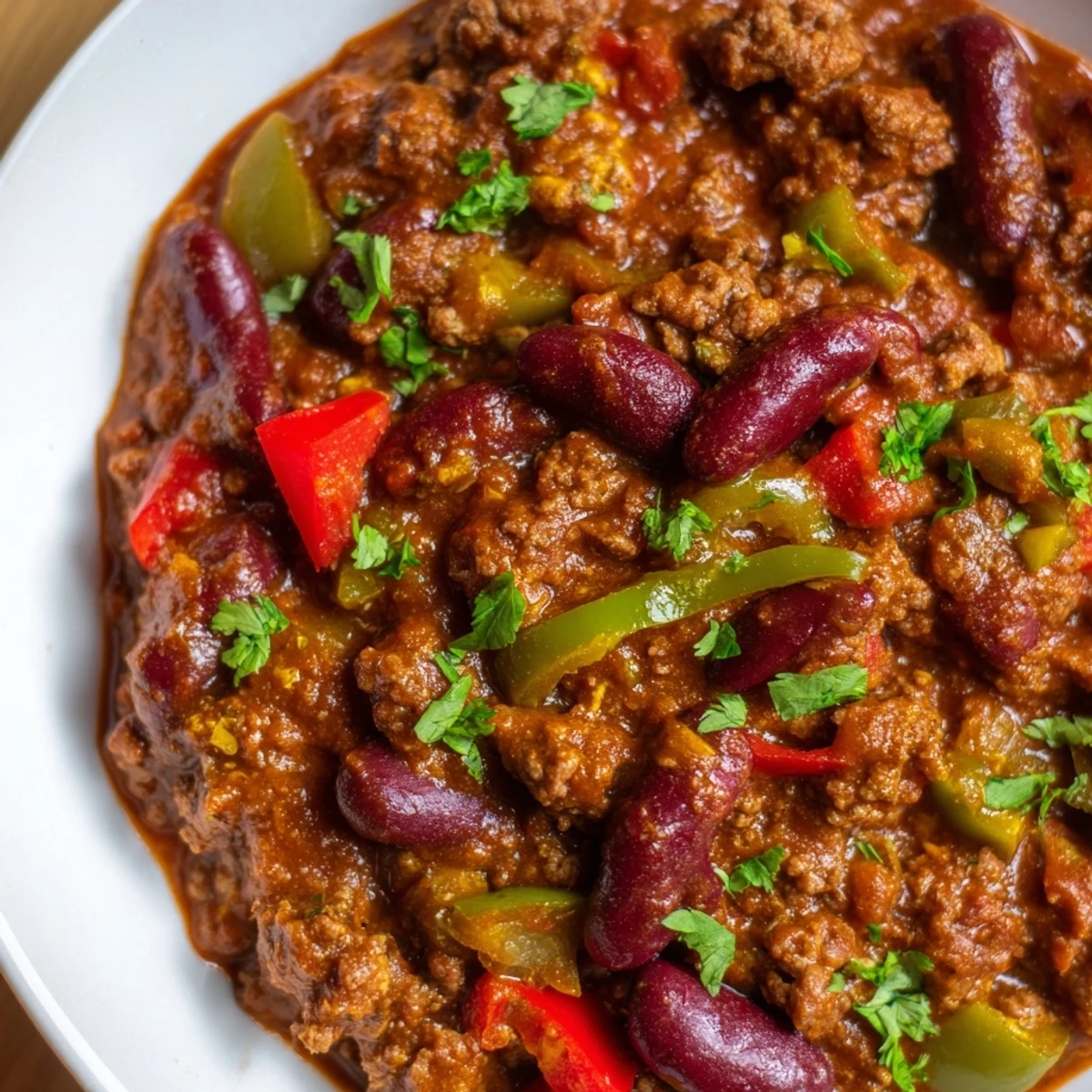 This close-up of Spicy Beef Chili with Kidney Beans and Peppers showcases tender beef chunks and vibrant peppers in a rich red sauce.