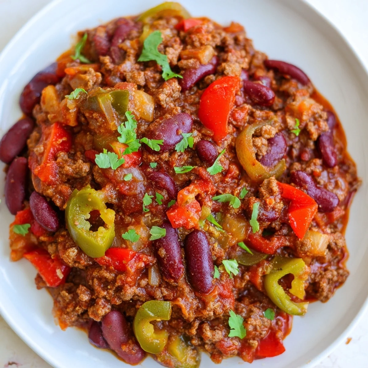Hearty Spicy Beef Chili with Kidney Beans and Peppers served beside warm cornbread for a comforting American meal.