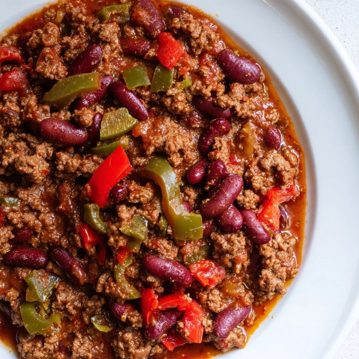 A steaming bowl of Spicy Beef Chili with Kidney Beans and Peppers topped with melted cheese and fresh cilantro.