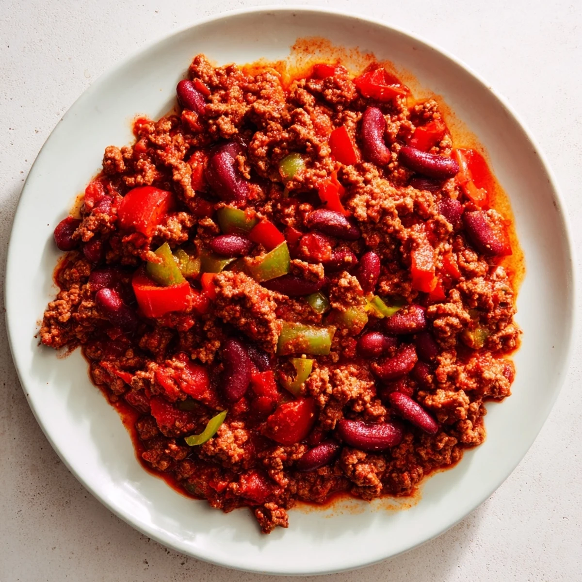 Close-up of Spicy Beef Chili with Kidney Beans and Peppers showing tender beef and rich, chunky tomato sauce.