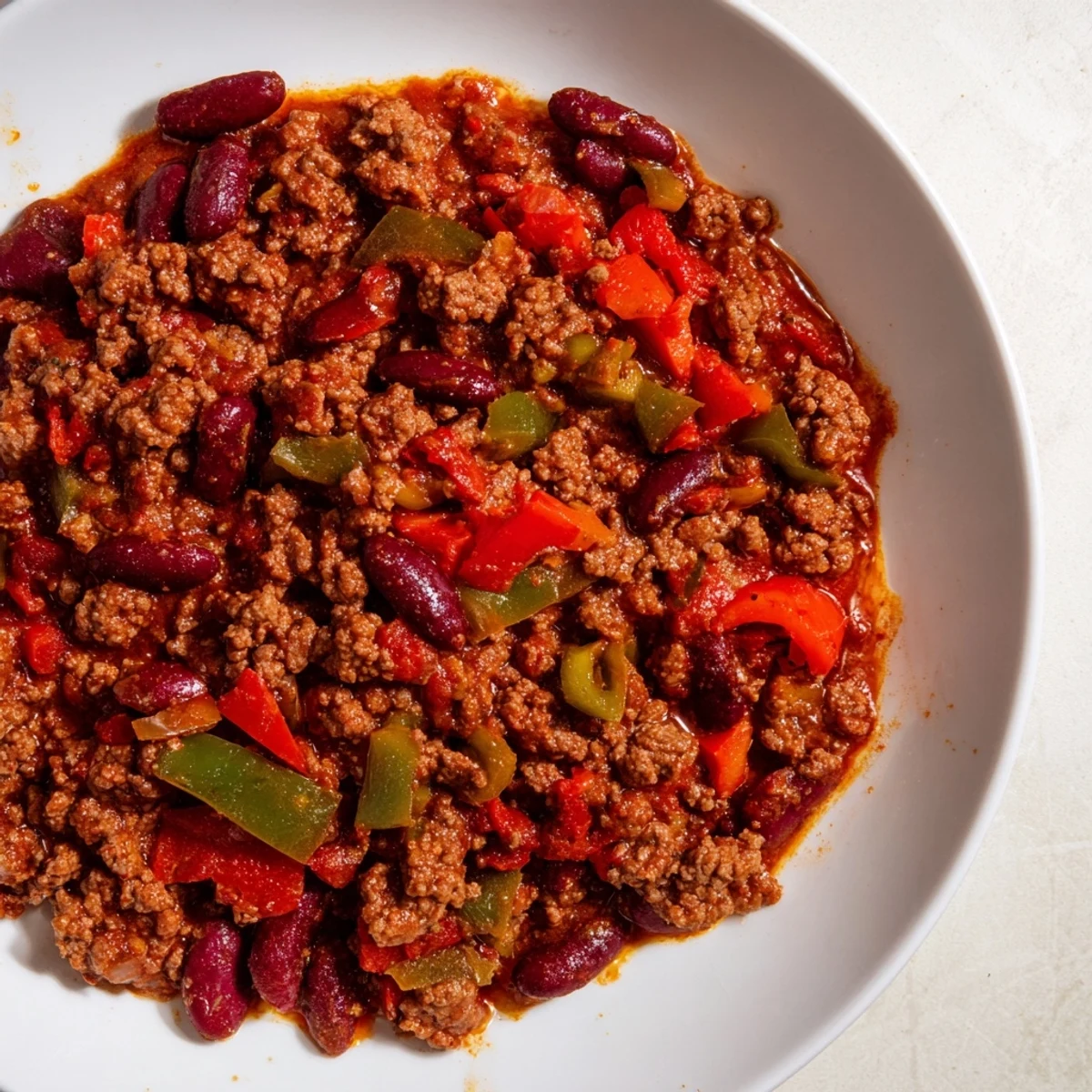 Hearty Spicy Beef Chili with Kidney Beans and Peppers served with warm cornbread on the side.