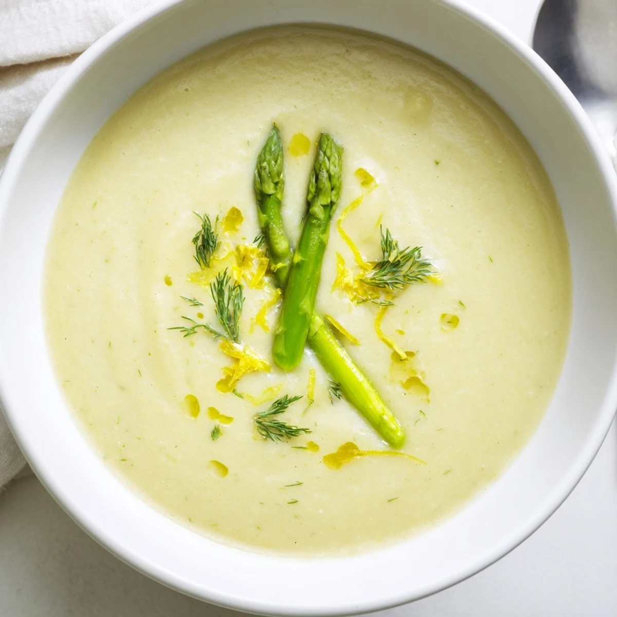 Creamy Asparagus Soup with Lemon and Dill garnished with fresh dill sprigs and lemon zest.