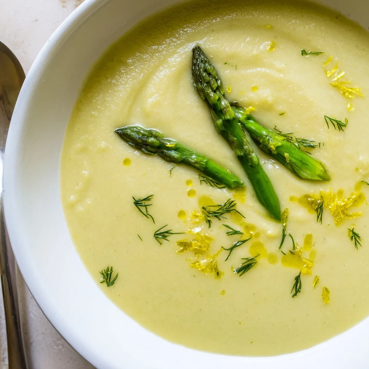 A bowl of Creamy Asparagus Soup with Lemon and Dill served hot with crusty bread.