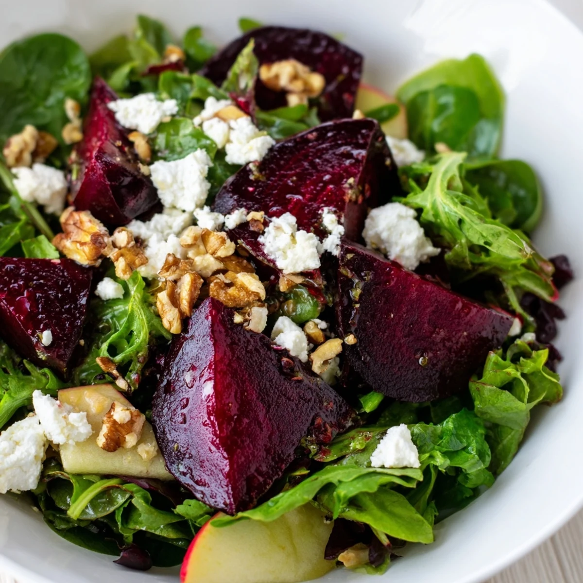 Freshly roasted beet wedges with creamy goat cheese crumbles on mixed greens topped with toasted pecans.